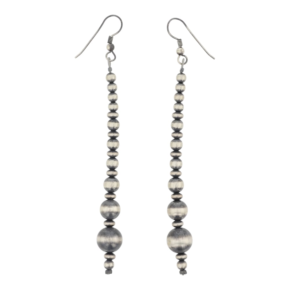 Navajo Oxidized Beads Earrings: Sterling Silver | | Navajo Oxidized Beads Earrings | Navajo Native American Southwest Indian Jewelry | Good (no breaks or damages) | Approximate Weight: 6 Grams | Earrings: 3" x .5" each (4mm-10mm bea