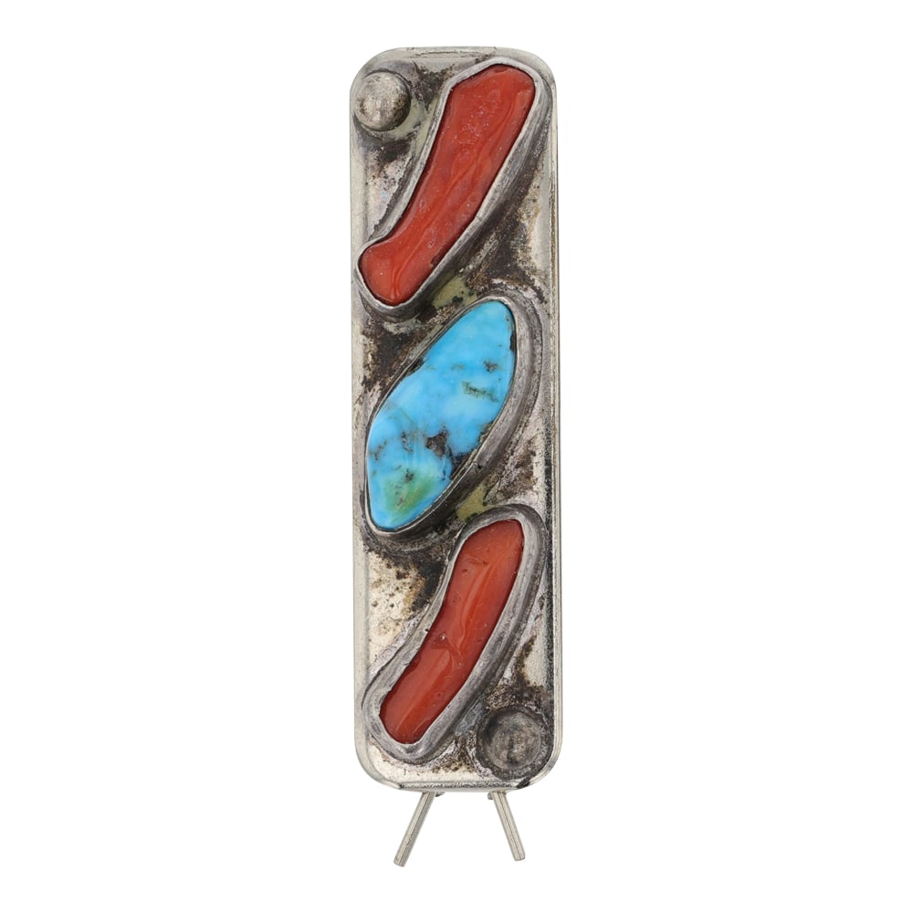 Vintage Navajo Turquoise & Coral Hair Tie: Sterling Silver | Genuine Turquoise & Coral | Vintage Navajo Turquoise & Coral Hair Tie | Navajo Native American Southwest Indian Jewelry | Good (no breaks or damages) | Approximate Weight: 9 Grams | 