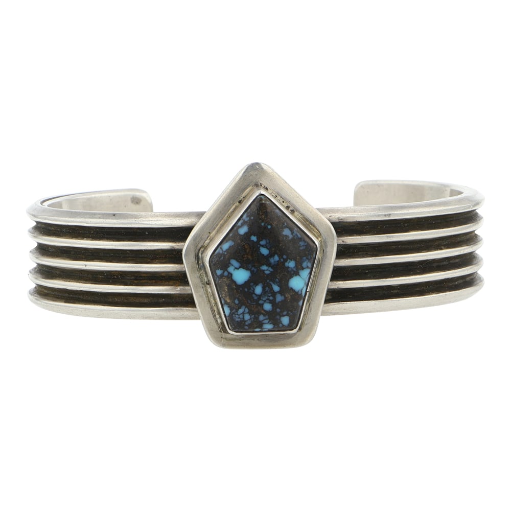 Oscar Alexius Navajo Spiderweb Turquoise Bracelet: Sterling Silver | Genuine Turquoise & Coral | Oscar Alexius Navajo Spiderweb Turquoise Bracelet | Navajo Native American Southwest Indian Jewelry | Good (no breaks or damages) | Approximate Weight: 74