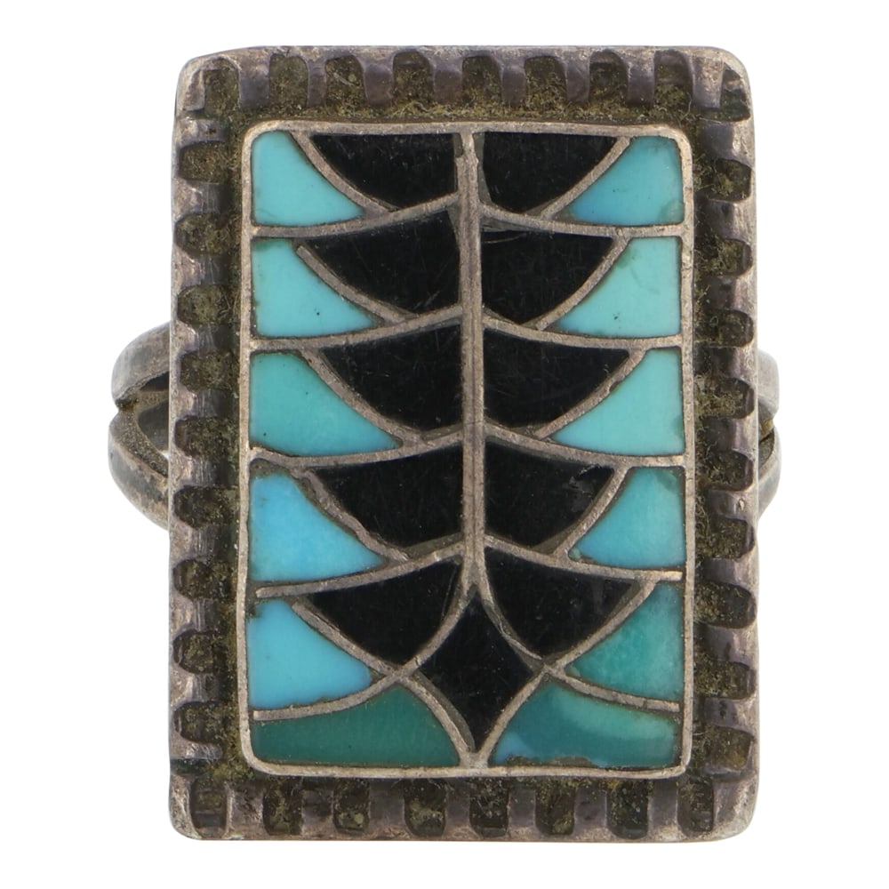 Vintage Zuni Turquoise & Acoma Jet Inlay Ring: Sterling Silver | Genuine Turquoise & Acoma Jet | Vintage Zuni Turquoise & Acoma Jet Inlay Ring | Zuni Native American Southwest Indian Jewelry | Good (no breaks or damages) | Approximate Weight: 5 Gr