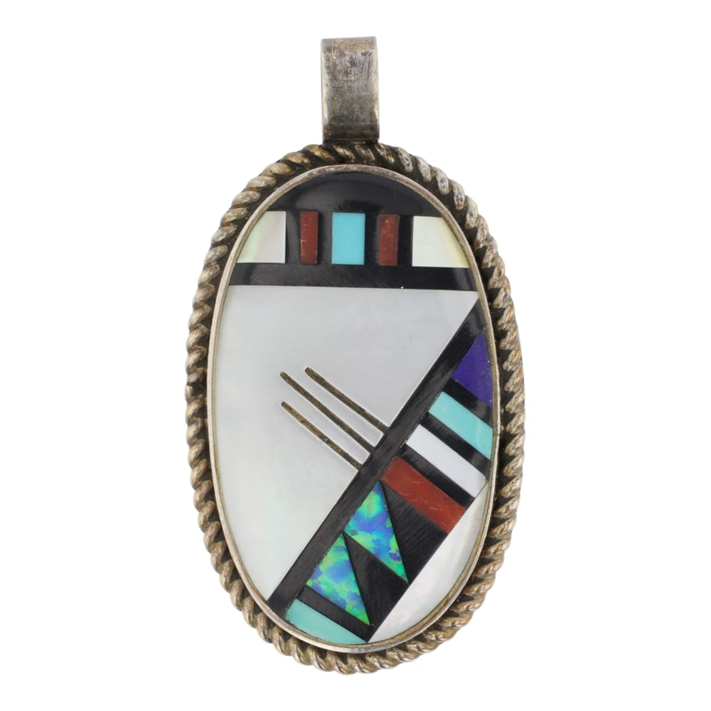 Ardale Mahooty Vintage Zuni Turquoise Coral MoP Jet & Synthetic Opal Inlay Pendant: Sterling Silver | Genuine Turquoise, Coral, MoP, Jet & Synthetic Opal | Ardale Mahooty Vintage Zuni Turquoise Coral MoP Jet & Synthetic Opal Inlay Pendant | Zuni Native American Southwest Indian Jewel