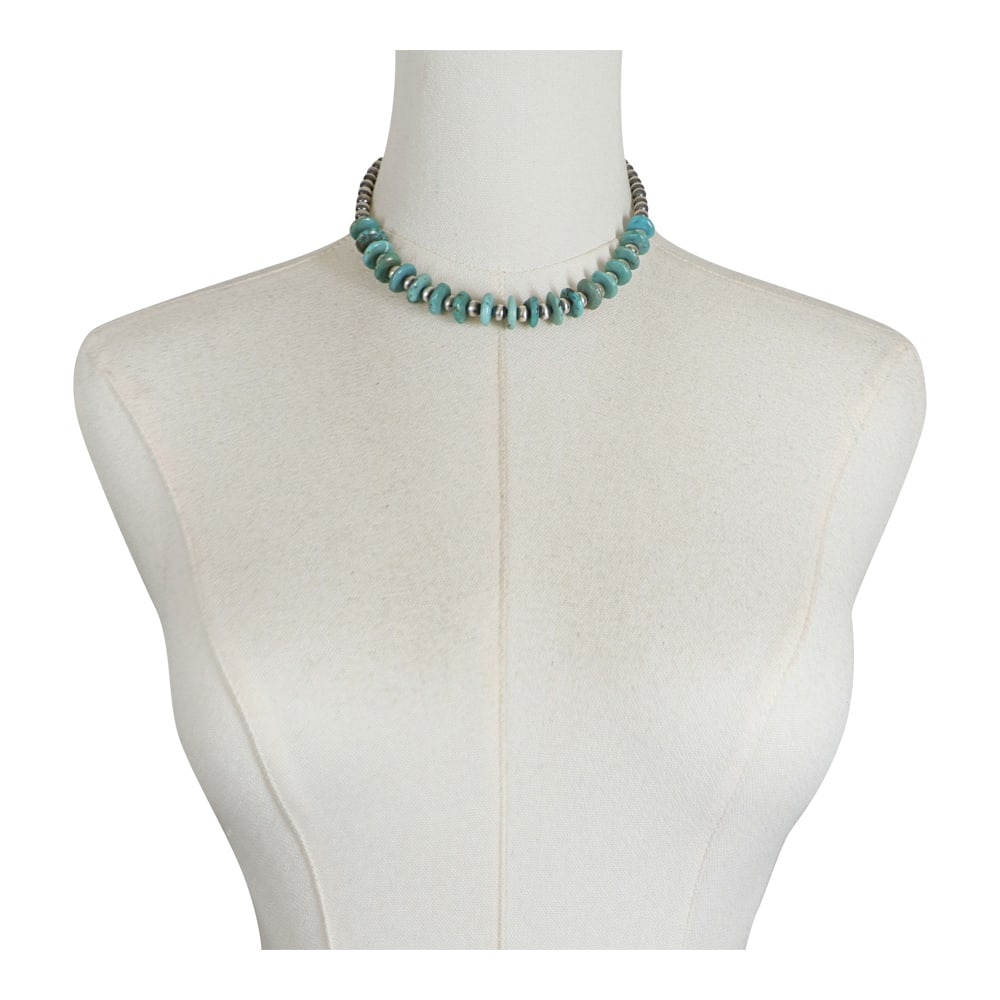 Navajo Turquoise & Oxidized Beads Choker Necklace: Sterling Silver | Genuine Turquoise | Navajo Turquoise & Oxidized Beads Choker Necklace | Navajo Native American Southwest Indian Jewelry | Good (no breaks or damages) | Approximate Weight: 25 Grams |