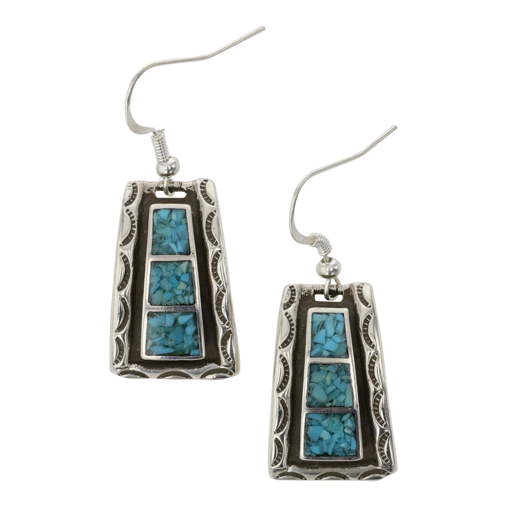 Navajo Turquoise Chip Inlay Earrings: Sterling Silver | Genuine Turquoise & Coral | Navajo Turquoise Chip Inlay Earrings | Navajo Native American Southwest Indian Jewelry | Good (no breaks or damages) | Approximate Weight: 12 Grams | Earr