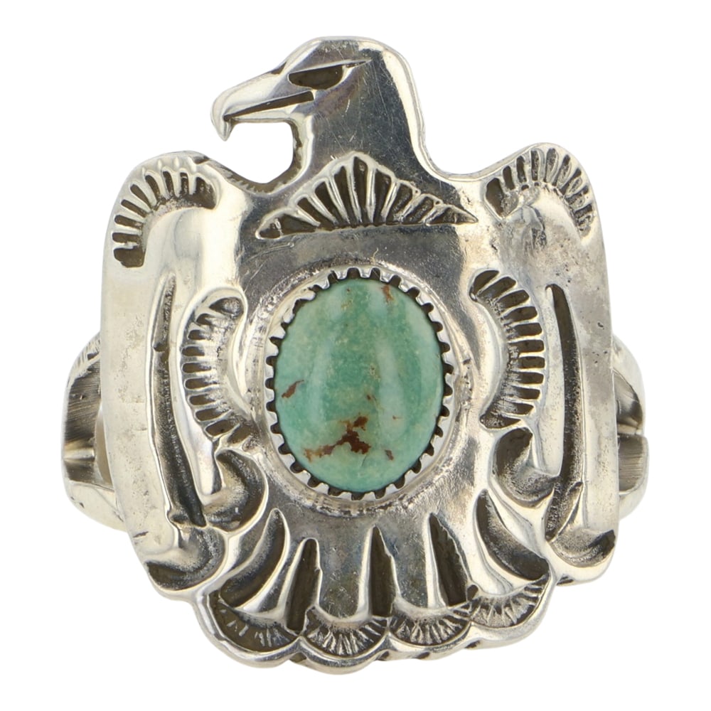 RB Navajo Menassa Turquoise Thunderbird Ring: Sterling Silver | Genuine Menassa Turquoise | RB Navajo Menassa Turquoise Thunderbird Ring | Navajo Native American Southwest Indian Jewelry | Good (no breaks or damages) | Approximate Weight: 6 Grams