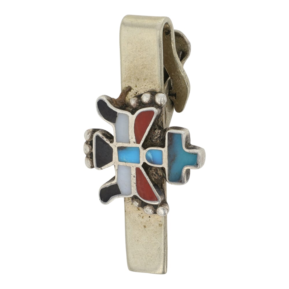 Vintage Zuni Turquoise Coral & MoP Inlay Tie Tack: Sterling Silver | Genuine Turquoise, Coral & MoP | Vintage Zuni Turquoise Coral & MoP Inlay Tie Tack | Zuni Native American Southwest Indian Jewelry | Good (no breaks or damages) | Approximate Weight: