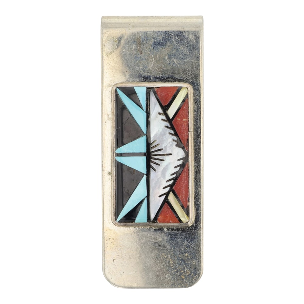 Zuni Turquoise Coral MoP & Acoma Jet Inlay Money Clip: Sterling Silver | Genuine Turquoise, Coral, MoP & Acoma Jet | Zuni Turquoise Coral MoP & Acoma Jet Inlay Money Clip | Zuni Native American Southwest Indian Jewelry | Good (no breaks or damages) | Appr