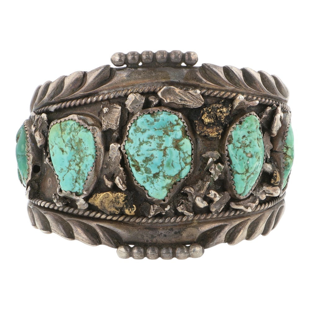 Herbert Tsosie Vintage Navajo Nugget Turquoise Large Cuff Bracelet: Sterling Silver | Genuine Nugget Turquoise | Herbert Tsosie Vintage Navajo Nugget Turquoise Large Cuff Bracelet | Navajo Native American Southwest Indian Jewelry | Good (no breaks or damages) | Approx
