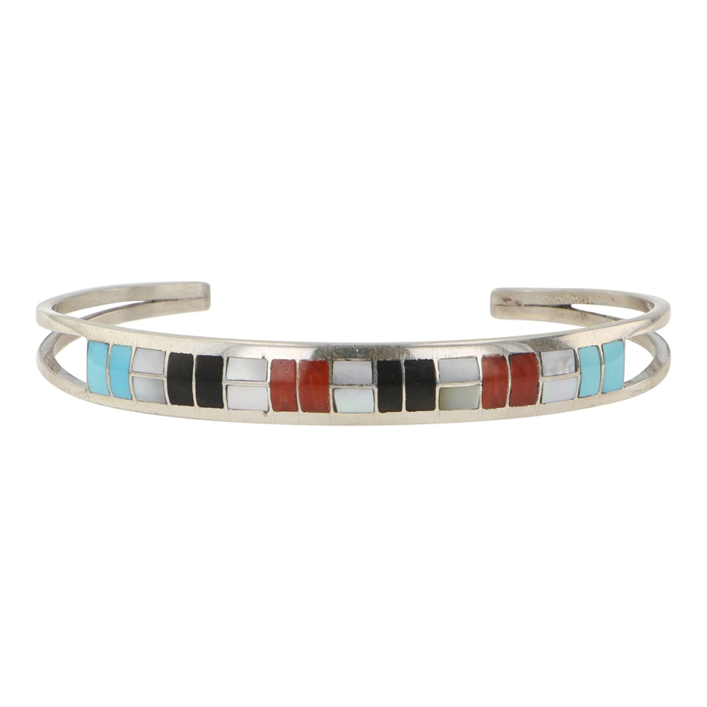 Zuni Turquoise Coral MoP & Acoma Jet Inlay Bracelet: Sterling Silver | Genuine Turquoise, Coral, Mother of Pearl & Acoma Jet | Zuni Turquoise Coral MoP & Acoma Jet Inlay Bracelet | Zuni Native American Southwest Indian Jewelry | Good (no breaks or damag
