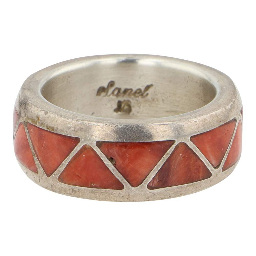 Vintage Sanel Southwest Shop Coral Inlay Ring: Sterling Silver | Genuine Coral & Faceted Citrine | Vintage Sanel Southwest Shop Coral Inlay Ring | American Southwest Shop Jewelry | Good (no breaks or damages) | Approximate Weight: 8 Grams | Ring: 