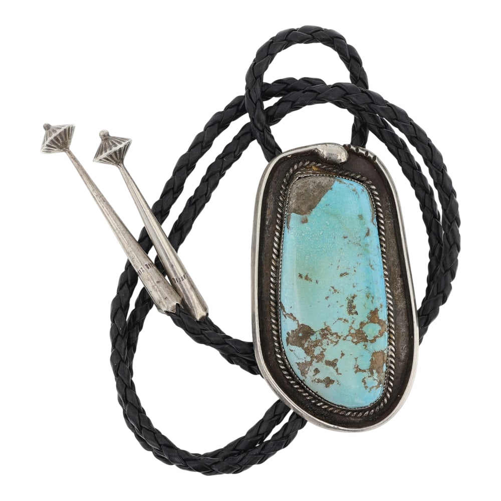 Vintage Navajo Nevada Turquoise Large Freeform Bolo Tie: Sterling Silver | Genuine Nevada Turquoise | Vintage Navajo Nevada Turquoise Large Freeform Bolo Tie | Navajo Native American Southwest Indian Jewelry | Good (no breaks or damages) | Approximate Weigh