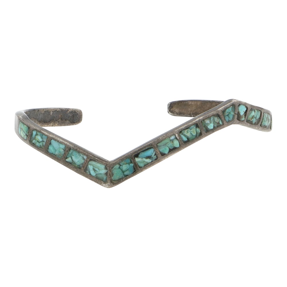 Vintage Navajo Turquoise Chip Inlay Bracelet: Sterling Silver | Genuine Turquoise | Vintage Navajo Turquoise Chip Inlay Bracelet | Navajo Native American Southwest Indian Jewelry | Good (no breaks or damages) | Approximate Weight: 12 Grams | Brac