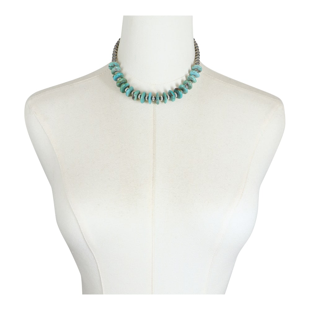 Navajo Turquoise & Oxidized Beads Choker Necklace: Sterling Silver | Genuine Turquoise | Navajo Turquoise & Oxidized Beads Choker Necklace | Navajo Native American Southwest Indian Jewelry | Good (no breaks or damages) | Approximate Weight: 32 Grams |