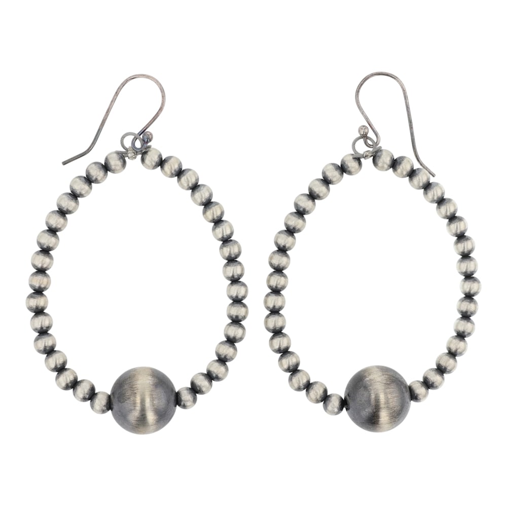 Navajo Oxidized Beads Hoop Earrings: Sterling Silver | | Navajo Oxidized Beads Hoop Earrings | Navajo Native American Southwest Indian Jewelry | Good (no breaks or damages) | Approximate Weight: 9 Grams | Earrings: 2" x 1.5" each |
