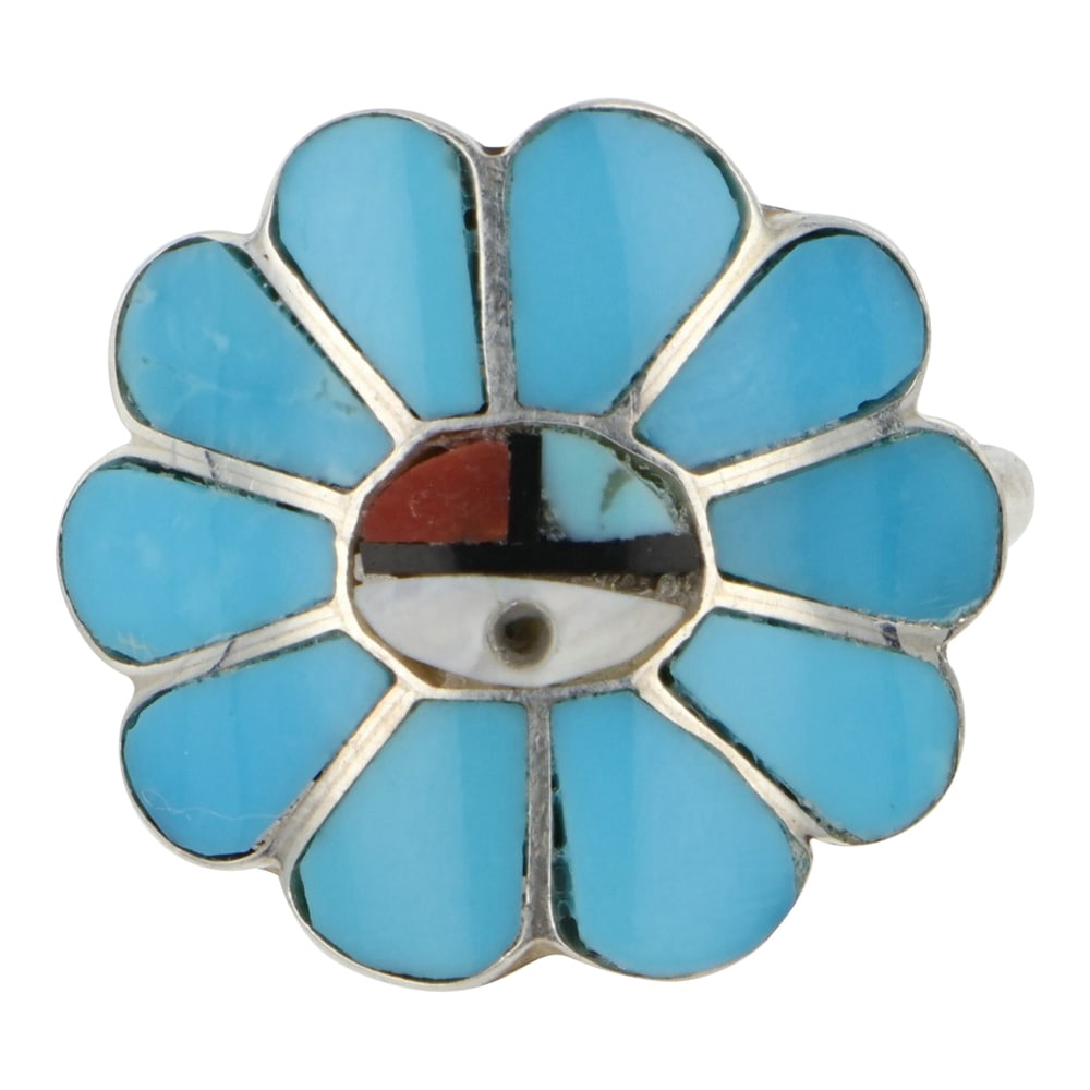 Zuni Turquoise Coral & Mother of Pearl Inlay Ring: Sterling Silver | Genuine Turquoise, Coral & MoP | Zuni Turquoise Coral & Mother of Pearl Inlay Ring | Zuni Native American Southwest Indian Jewelry | Good (no breaks or damages) | Approximate Weight: