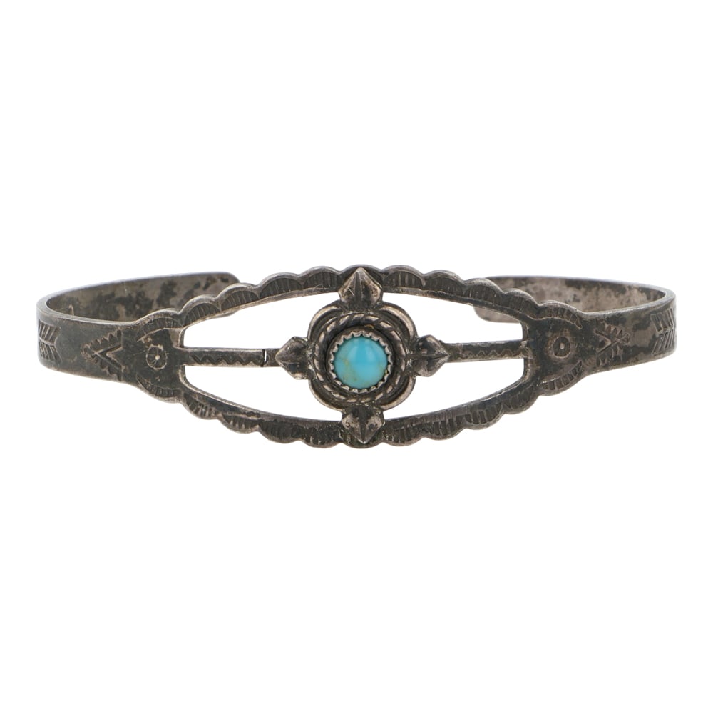 Vintage Fred Harvey Era Turquoise Cuff Bracelet: Sterling Silver | Genuine Turquoise | Vintage Fred Harvey Era Turquoise Cuff Bracelet | Navajo Native American Southwest Indian Jewelry | Good (no breaks or damages) | Approximate Weight: 9 Grams | Br