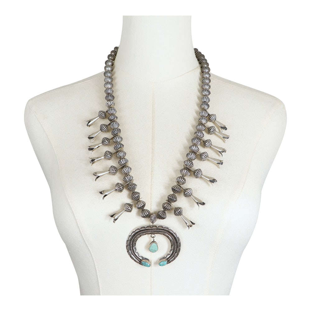 Vintage Navajo Nevada Turquoise Fluted Beads Squash Blossom Necklace: Sterling Silver | Genuine Nevada Turquoise | Vintage Navajo Nevada Turquoise Fluted Beads Squash Blossom Necklace | Navajo Native American Southwest Indian Jewelry | Good (no breaks or damages) | Appr