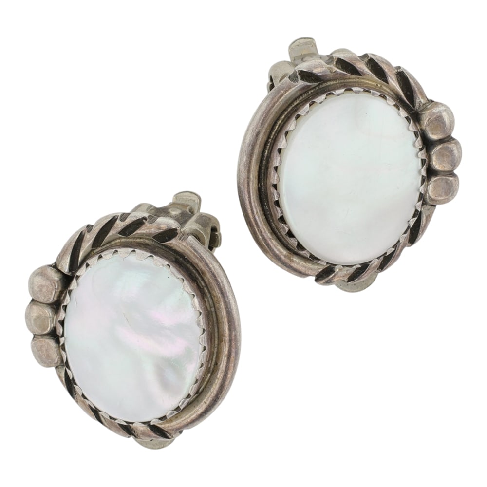 Vintage Navajo Mother of Pearl Clip ON Earrings: Sterling Silver | Genuine Mother of Pearl | Vintage Navajo Mother of Pearl Clip ON Earrings | Navajo Native American Southwest Indian Jewelry | Good (no breaks or damages) | Approximate Weight: 5Grams