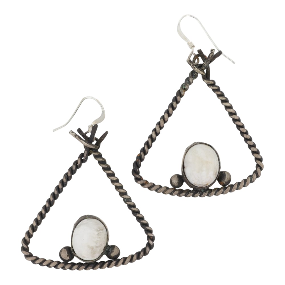 Navajo White Buffalo Teepee Earrings: Sterling Silver | Genuine White Buffalo | Navajo White Buffalo Teepee Earrings | Navajo Native American Southwest Indian Jewelry | Good (no breaks or damages) | Approximate Weight: 9 Grams | Earrings: