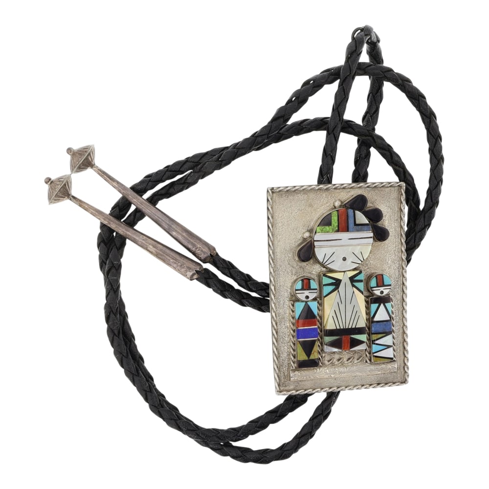 Sara Edaakie Zuni Vintage Turquoise Coral Mother of Pearl Acoma Jet Gaspeite & Lapis Inlay Bolo tie: Sterling Silver | Genuine Turquoise, Coral, Mother of Pearl, Acoma Jet Gaspeite & Lapis | Sara Edaakie Zuni Vintage Turquoise Coral Mother of Pearl Acoma Jet Gaspeite & Lapis Inlay Bolo tie | Zuni Nat