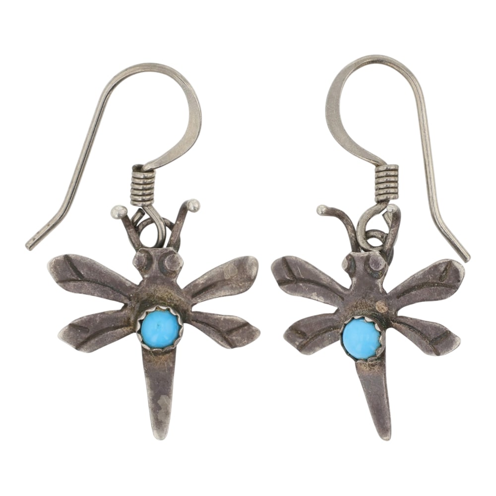 Vintage Navajo Kingman Turquoise Dragonfly Earrings: Sterling Silver | Genuine Kingman Turquoise | Vintage Navajo Kingman Turquoise Dragonfly Earrings | Navajo Native American Southwest Indian Jewelry | Good (no breaks or damages) | Approximate Weight: 