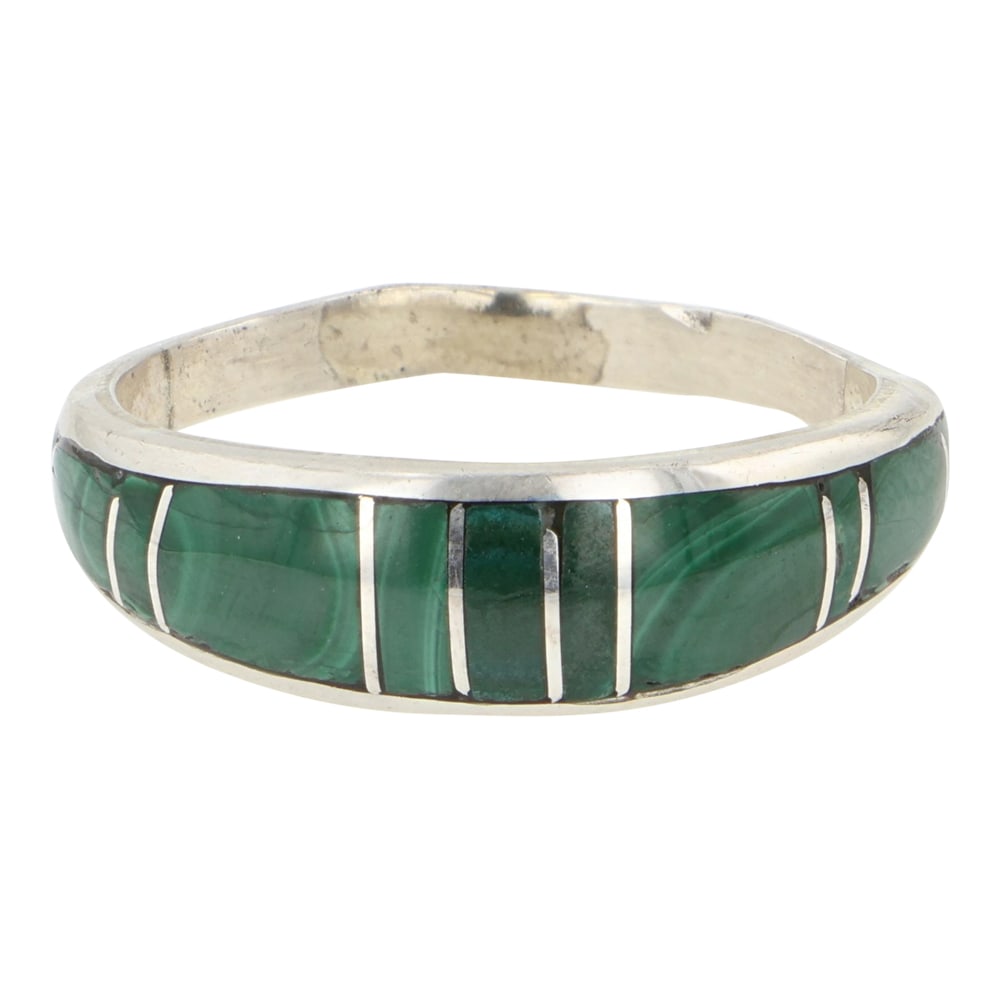 Navajo Malachite Inlay Ring: Sterling Silver | Genuine Malachite | Navajo Malachite Inlay Ring | Navajo Native American Southwest Indian Jewelry | Good (no breaks or damages) | Approximate Weight: 2 Grams | Ring: 8 size, .25" fac