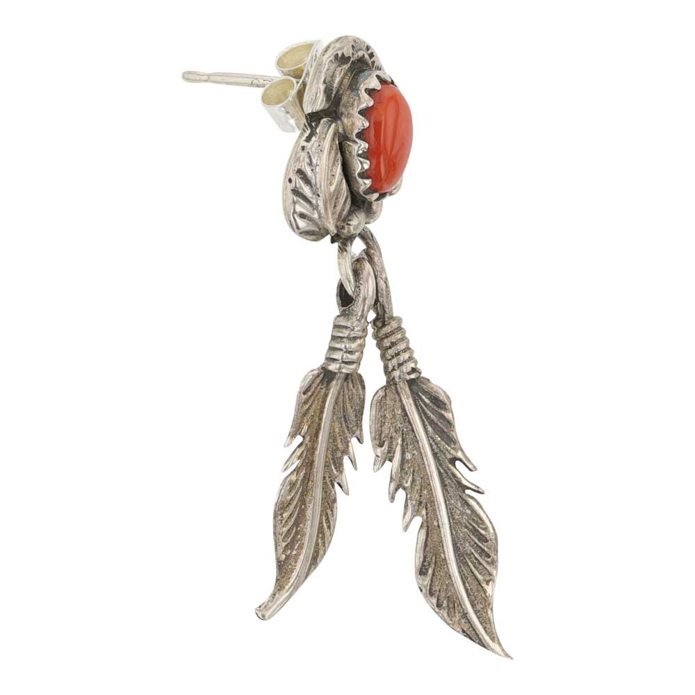 Navajo Coral Feather Earrings: Sterling Silver | Genuine Coral & Synthetic Opal | Navajo Coral Feather Earrings | Navajo Native American Southwest Indian Jewelry | Good (no breaks or damages) | Approximate Weight:?4Grams | Earrings