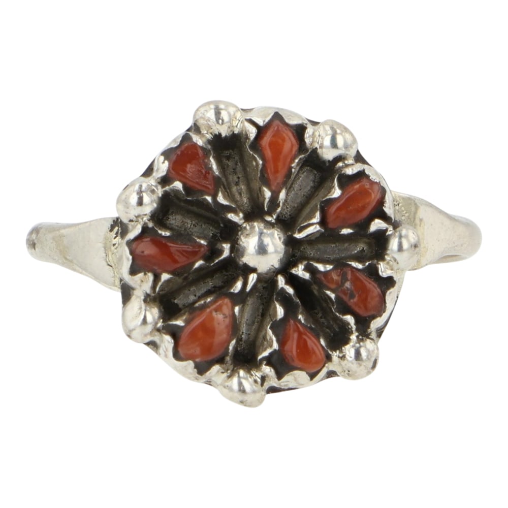 Vintage Zuni Coral Cluster Ring: Sterling Silver | Genuine Coral | Vintage Zuni Coral Cluster Ring | Zuni Native American Southwest Indian Jewelry | Good (no breaks or damages) | Approximate Weight: 1.5 Grams | Ring: 6 size, .5" x .5