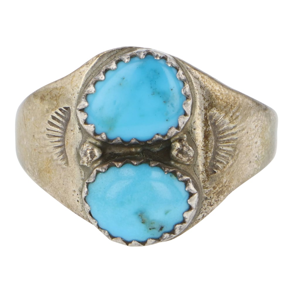Vintage Navajo Kingman Turquoise Two Stone Ring: Sterling Silver | Genuine Kingman Turquoise | Vintage Navajo Kingman Turquoise Two Stone Ring | Navajo Native American Southwest Indian Jewelry | Good (no breaks or damages) | Approximate Weight: 5 Gr
