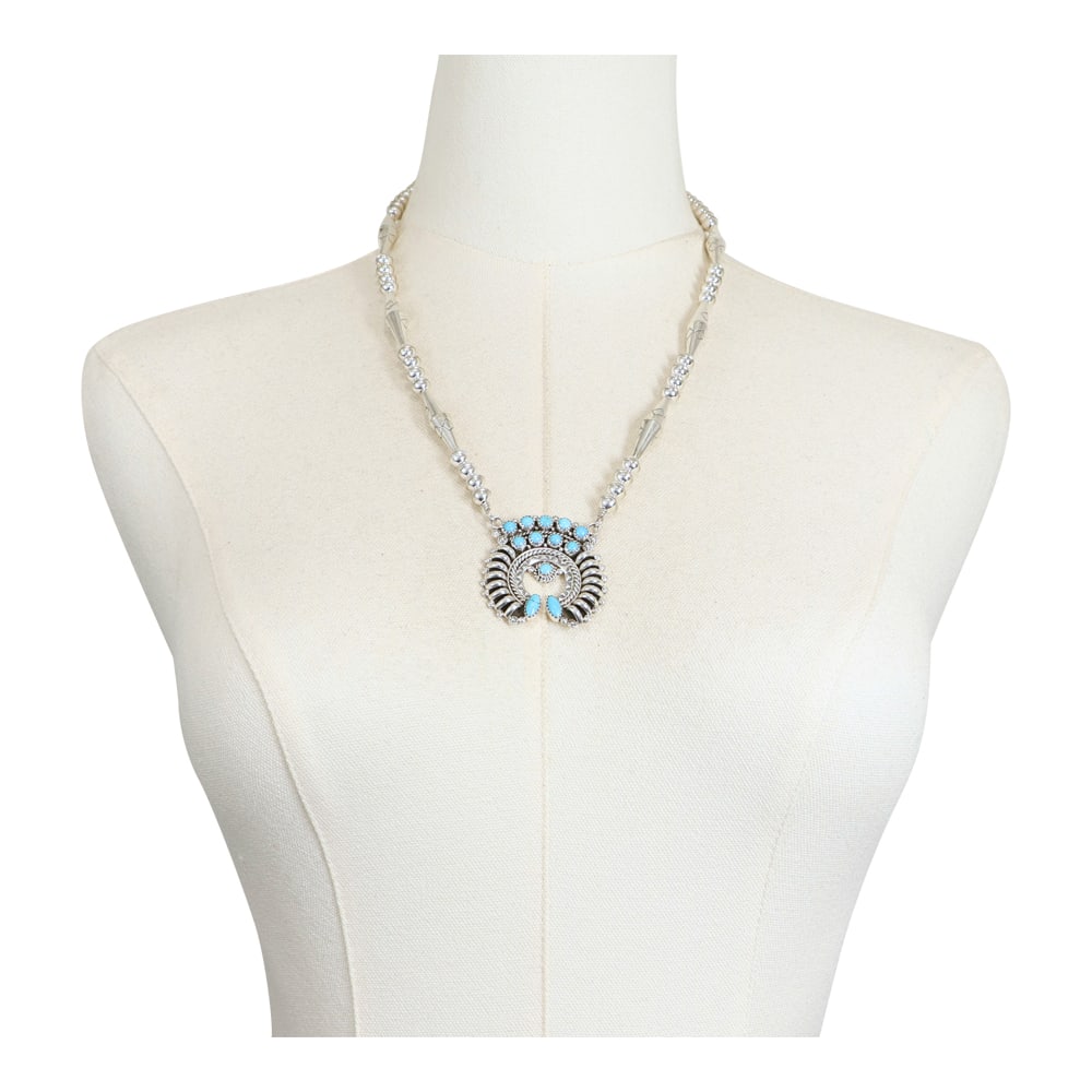 Nora Tsosie Navajo Kingman Turquoise Handmade Beads Naja Necklace: Sterling Silver | Genuine Kingman Turquoise | Nora Tsosie Navajo Kingman Turquoise Handmade Beads Naja Necklace | Navajo Native American Southwest Indian Jewelry | Good (no breaks or damages) | Approx