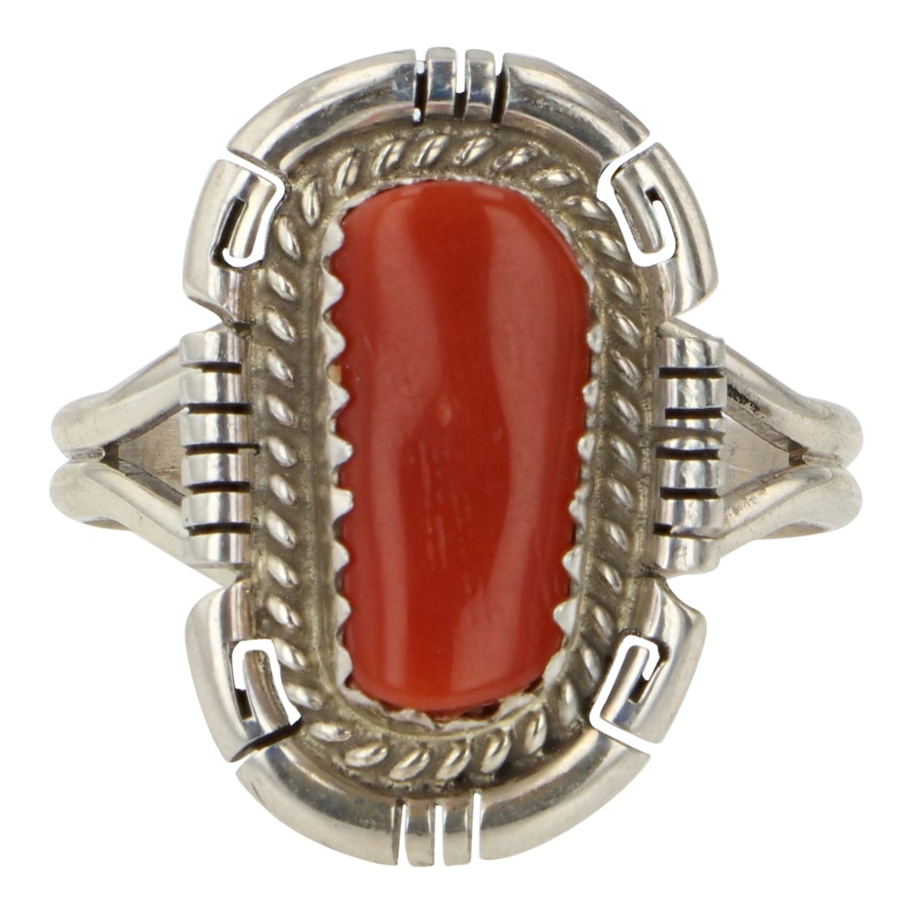 Navajo Mediterranean Coral Ring: Sterling Silver | Genuine Mediterranean Coral | Navajo Mediterranean Coral Ring | Navajo Native American Southwest Indian Jewelry | Good (no breaks or damages) | Approximate Weight: 3 Grams | Ring: 7.