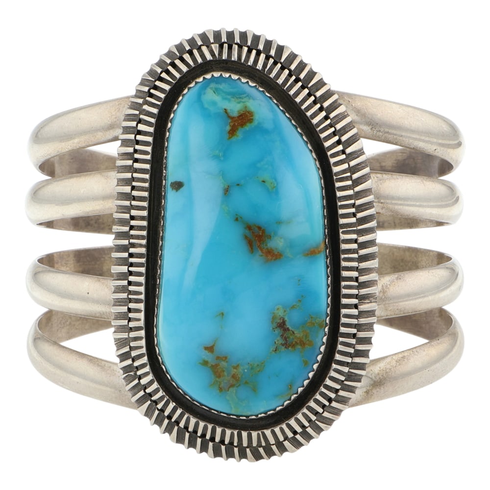 Navajo Blue Ridge Turquoise Double Stack Sawed Triangle Wire Heavy Cuff Bracelet: Sterling Silver | Genuine Blue Ridge Turquoise | Navajo Blue Ridge Turquoise Double Stack Sawed Triangle Wire Heavy Cuff Bracelet | Navajo Native American Southwest Indian Jewelry | Good (no breaks