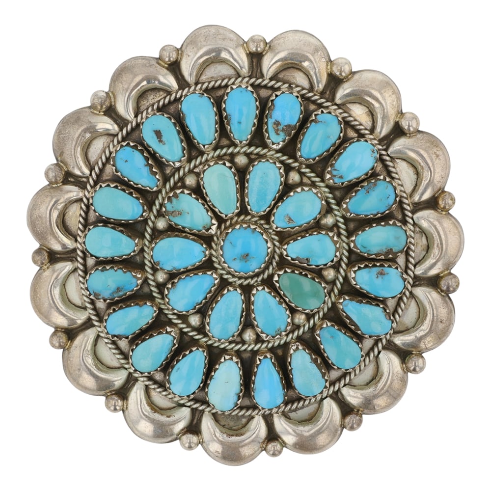 Vintage Navajo Kingman Turquoise Traditional Cluster Pin: Sterling Silver | Genuine Kingman Turquoise | Vintage Navajo Kingman Turquoise Traditional Cluster Pin | Navajo Native American Southwest Indian Jewelry | Good (no breaks or damages) | Approximate Wei