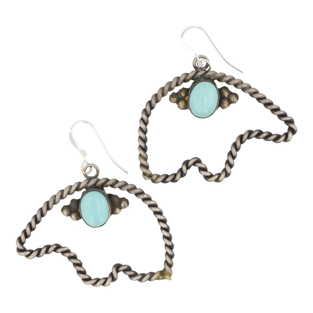 Navajo Campitos Turquoise Twist Wire Bear Earrings: Sterling Silver | Genuine Campitos Turquoise | Navajo Campitos Turquoise Twist Wire Bear Earrings | Navajo Native American Southwest Indian Jewelry | Good (no breaks or damages) | Approximate Weight: 