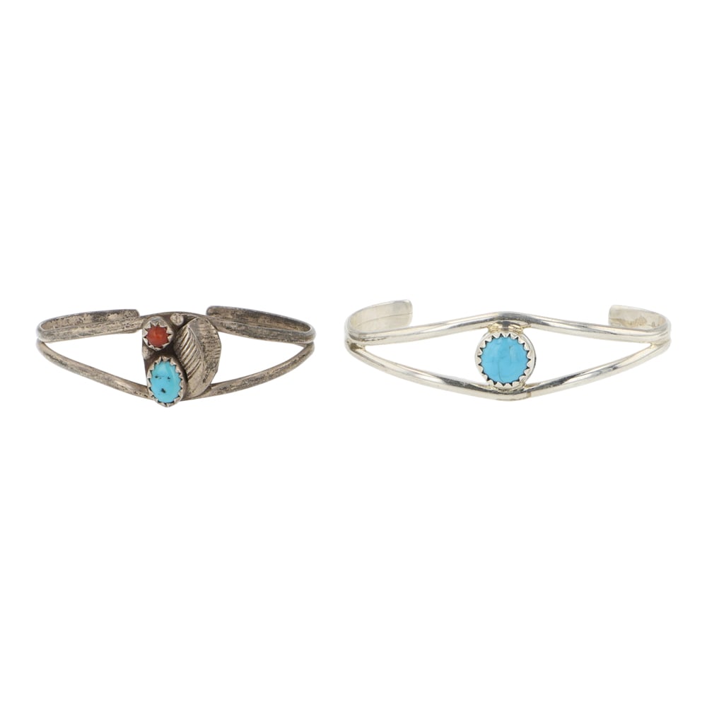 Lot of Two Baby Bracelets Navajo Turquoise & Coral Lot of Two Baby Bracelets: Sterling Silver | Genuine Turquoise & Coral | Lot of Two Baby Bracelets Navajo Turquoise & Coral Lot of Two Baby Bracelets | Navajo Native American Southwest Indian Jewelry | Good (no breaks or damage