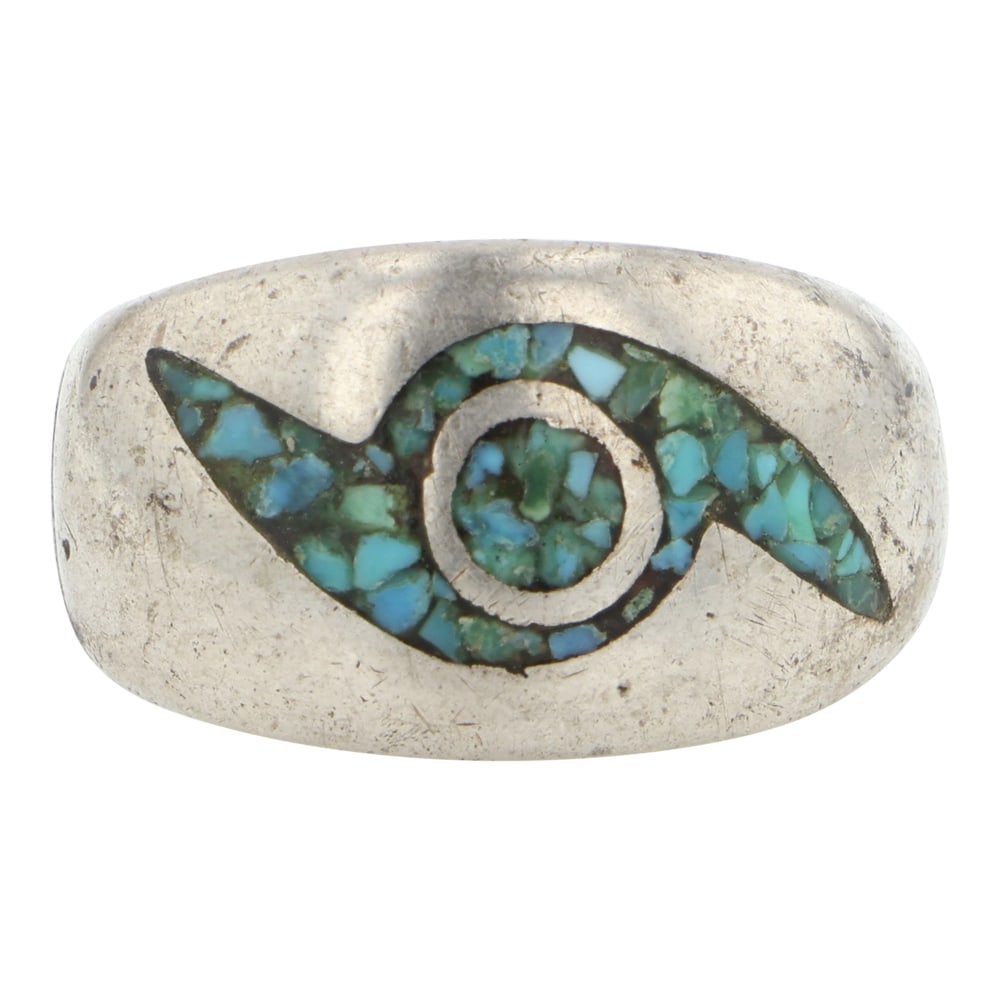 Vintage Navajo Turquoise Chip Inlay Ring: Sterling Silver | Genuine Turquoise | Vintage Navajo Turquoise Chip Inlay Ring | Navajo Native American Southwest Indian Jewelry | Good (no breaks or damages) | Approximate Weight: 9 Grams | Ring: 10 