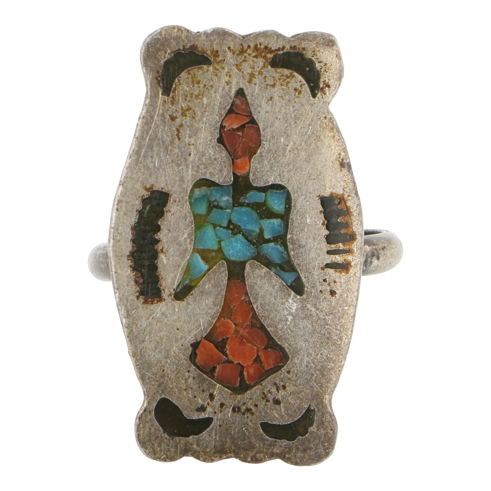 Vintage Navajo Turquoise & Coral Chip Inlay Peyote Bird Ring: Sterling Silver | Genuine Turquoise & Coral | Vintage Navajo Turquoise & Coral Chip Inlay Peyote Bird Ring | Navajo Native American Southwest Indian Jewelry | Good (no breaks or damages) | Approximate