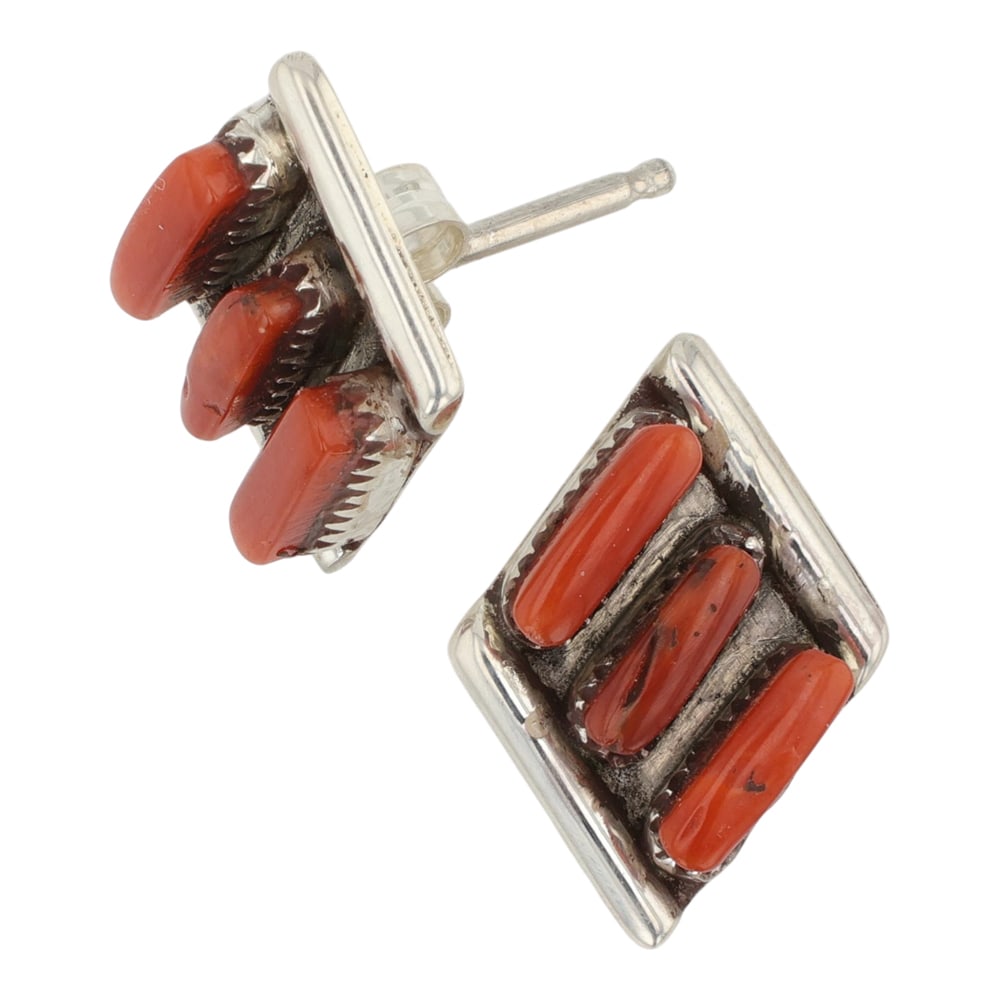 Zuni Mediterranean Coral Earrings: Sterling Silver | Genuine Mediterranean Coral | Zuni Mediterranean Coral Earrings | Navajo Native American Southwest Indian Jewelry | Good (no breaks or damages) | Approximate Weight: 1 Grams | Earrin