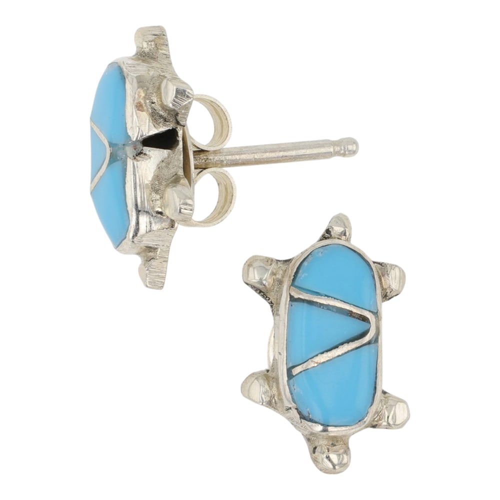 Zuni Turquoise Inlay Earrings: Sterling Silver | Genuine Turquoise | Zuni Turquoise Inlay Earrings | Zuni Native American Southwest Indian Jewelry | Good (no breaks or damages) | Approximate Weight: 1 Grams | Earrings: .5" x .25" e