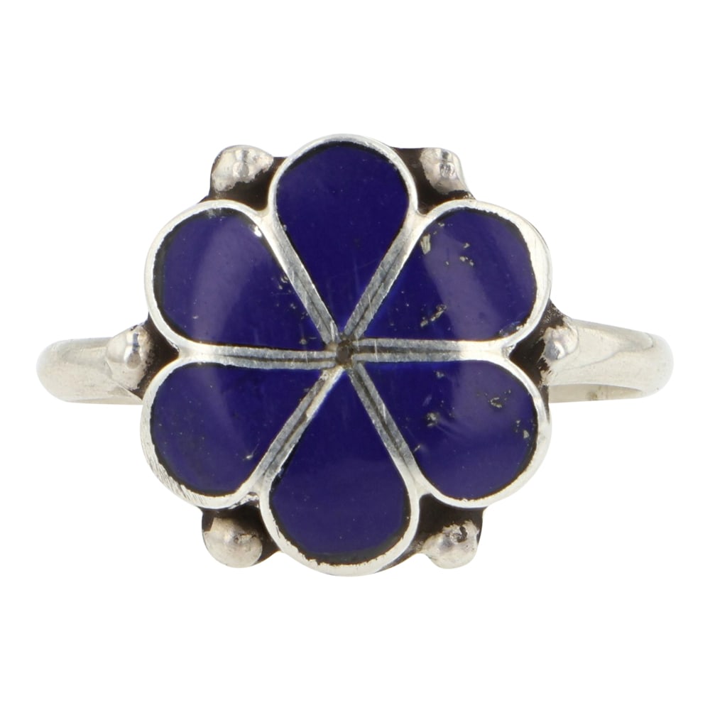 Zuni Lapis Inlay Flower Ring: Sterling Silver | Genuine Lapis | Zuni Lapis Inlay Flower Ring | Zuni Native American Southwest Indian Jewelry | Good (no breaks or damages) | Approximate Weight: 2 Grams | Ring: 8 size, .5" x .5" fac