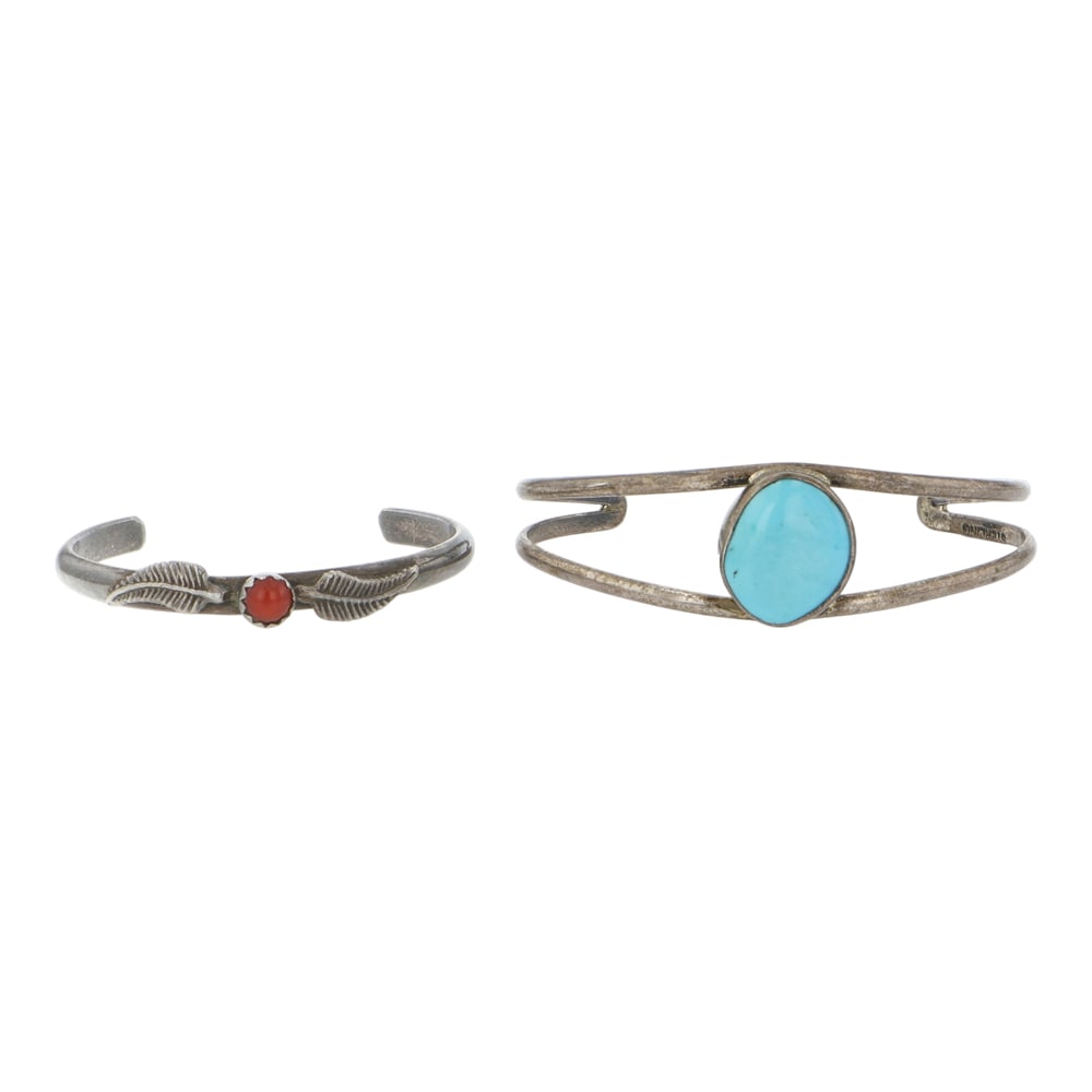 Vintage Lot of Two Baby Bracelets Navajo Turquoise & Coral Baby Bracelets: Sterling Silver | Genuine Turquoise & Coral | Vintage Lot of Two Baby Bracelets Navajo Turquoise & Coral Baby Bracelets | Navajo Native American Southwest Indian Jewelry | Good (no breaks or damages)
