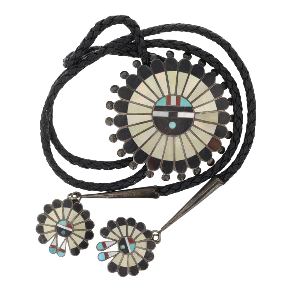 Zuni MoP Turquoise Coral Shell Inlay Bolo Tie: Sterling Silver | Genuine Turquoise, Coral, Mother of Pearl & Shell | Zuni MoP Turquoise Coral Shell Inlay Bolo Tie | Zuni Native American Southwest Indian Jewelry | Good (no breaks or damages) |