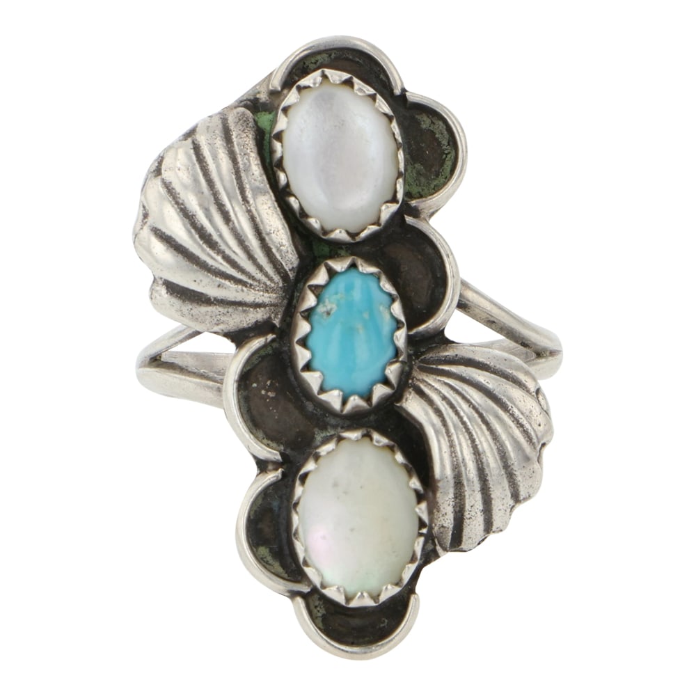 Vintage Navajo Turquoise & Mother of Pearl Ring: Sterling Silver | Genuine Turquoise & Mother of Pearl | Vintage Navajo Turquoise & Mother of Pearl Ring | Navajo Native American Southwest Indian Jewelry | Good (no breaks or damages) | Approximate We