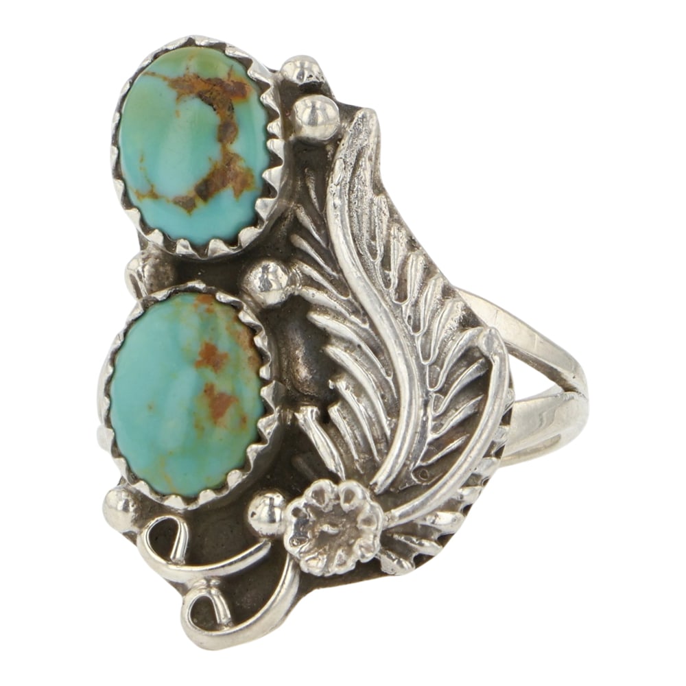 RB Navajo Nevada Turquoise Two Stone Ring: Sterling Silver | Genuine Nevada Turquoise | RB Navajo Nevada Turquoise Two Stone Ring | Navajo Native American Southwest Indian Jewelry | Good (no breaks or damages) | Approximate Weight: 4 Grams |