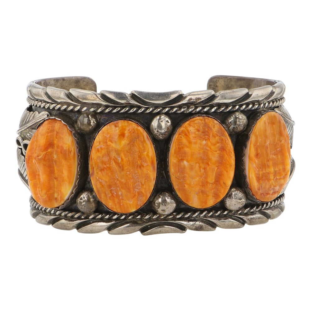 Mathew Tsosie Navajo Spiny Oyster Large Cuff Bracelet: Sterling Silver | Genuine Spiny Oyster | Mathew Tsosie Navajo Spiny Oyster Large Cuff Bracelet | Navajo Native American Southwest Indian Jewelry | Good (no breaks or damages) | Approximate Weight: