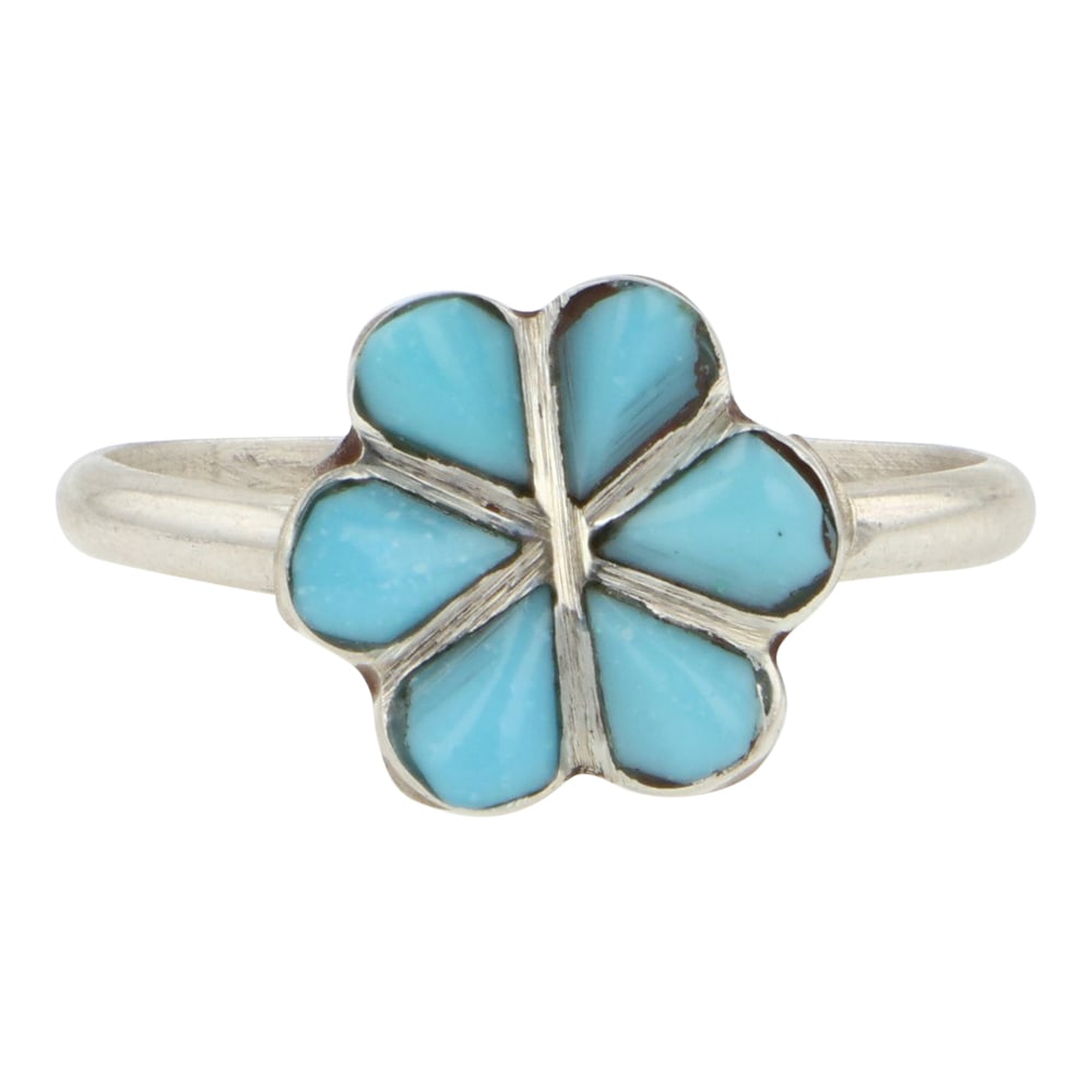 Zuni Turquoise Inlay Flower Ring: Sterling Silver | Genuine Turquoise | Zuni Turquoise Inlay Flower Ring | Zuni Native American Southwest Indian Jewelry | Good (no breaks or damages) | Approximate Weight: 1 Grams | Ring: 4.5 size, .25