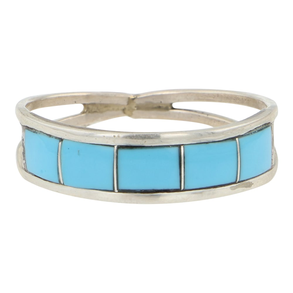 Zuni Turquoise Inlay Ring: Sterling Silver | Genuine Turquoise | Zuni Turquoise Inlay Ring | Zuni Native American Southwest Indian Jewelry | Good (no breaks or damages) | Approximate Weight: 1.5 Grams | Ring: 10 size, .25" face