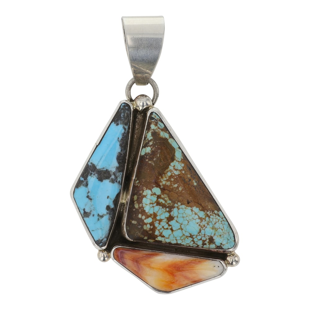 Adam Fierro Navajo Turquoise & Spiny Oyster Freeform Pendant: Sterling Silver | Genuine Turquoise & Spiny Oyster | Adam Fierro Navajo Turquoise & Spiny Oyster Freeform Pendant | Navajo Native American Southwest Indian Jewelry | Good (no breaks or damages) |