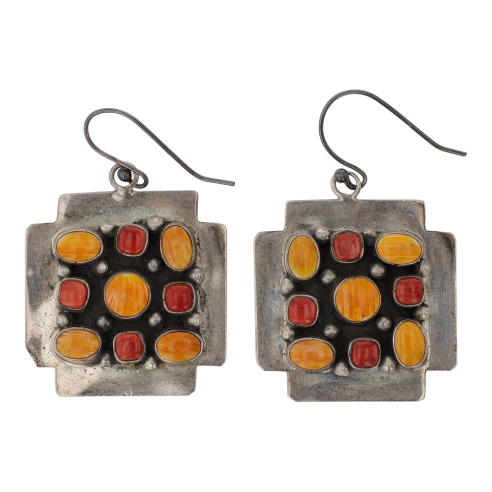 Beatty Tom Navajo Spiny Oyster Zia Symbol Earrings: Sterling Silver | Genuine Spiny Oyster | Beatty Tom Navajo Spiny Oyster Zia Symbol Earrings | Navajo Native American Southwest Indian Jewelry | Good (no breaks or damages) | Approximate Weight: 13