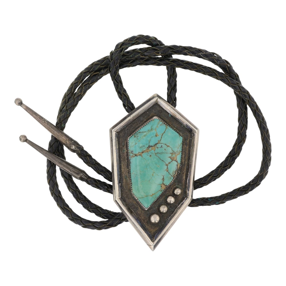 Vintage Navajo Freeform Nevada Turquoise Bolo Tie: Sterling Silver | Genuine Freeform Nevada Turquoise | Vintage Navajo Freeform Nevada Turquoise Bolo Tie | Navajo Native American Southwest Indian Jewelry | Good (no breaks or damages) | Approximate