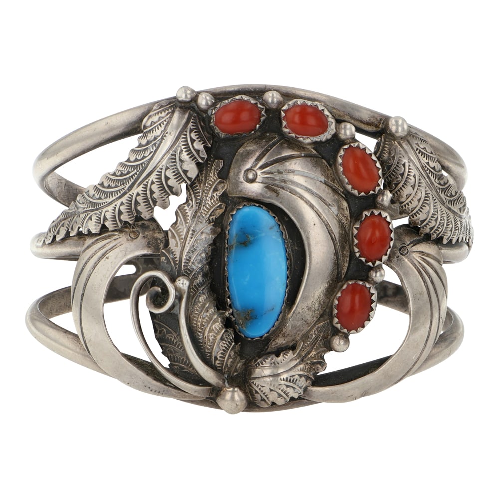 Vintage Navajo Mediterranean Coral & Blue Gem Turquoise Cuff Bracelet: Sterling Silver | Genuine Mediterranean Coral & Blue Gem Turquoise | Vintage Navajo Mediterranean Coral & Blue Gem Turquoise Cuff Bracelet | Navajo Native American Southwest Indian Jewelry | Good (no